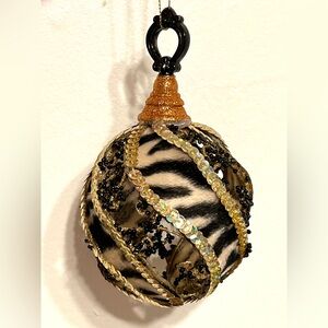 Handmade Christmas Ornament Safari Zebra Print Gold Sequins Black Beads 6 in